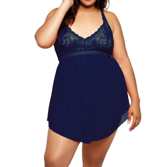 iCollection Lace Babydoll Chemise Size 3X Blue Mesh V-neck Stretch Sexy Coquette - Picture 1 of 14